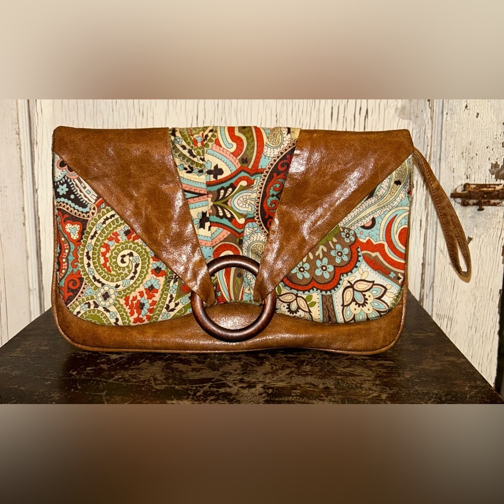 🌻🌻Boho Chic’ Leather & Canvas Clutch by eBISU🌻 - Picture 2 of 6